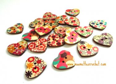 Mixed Color Heart Wood Buttons Painted Wooden Buttons 22mm 2 Hole Sewing