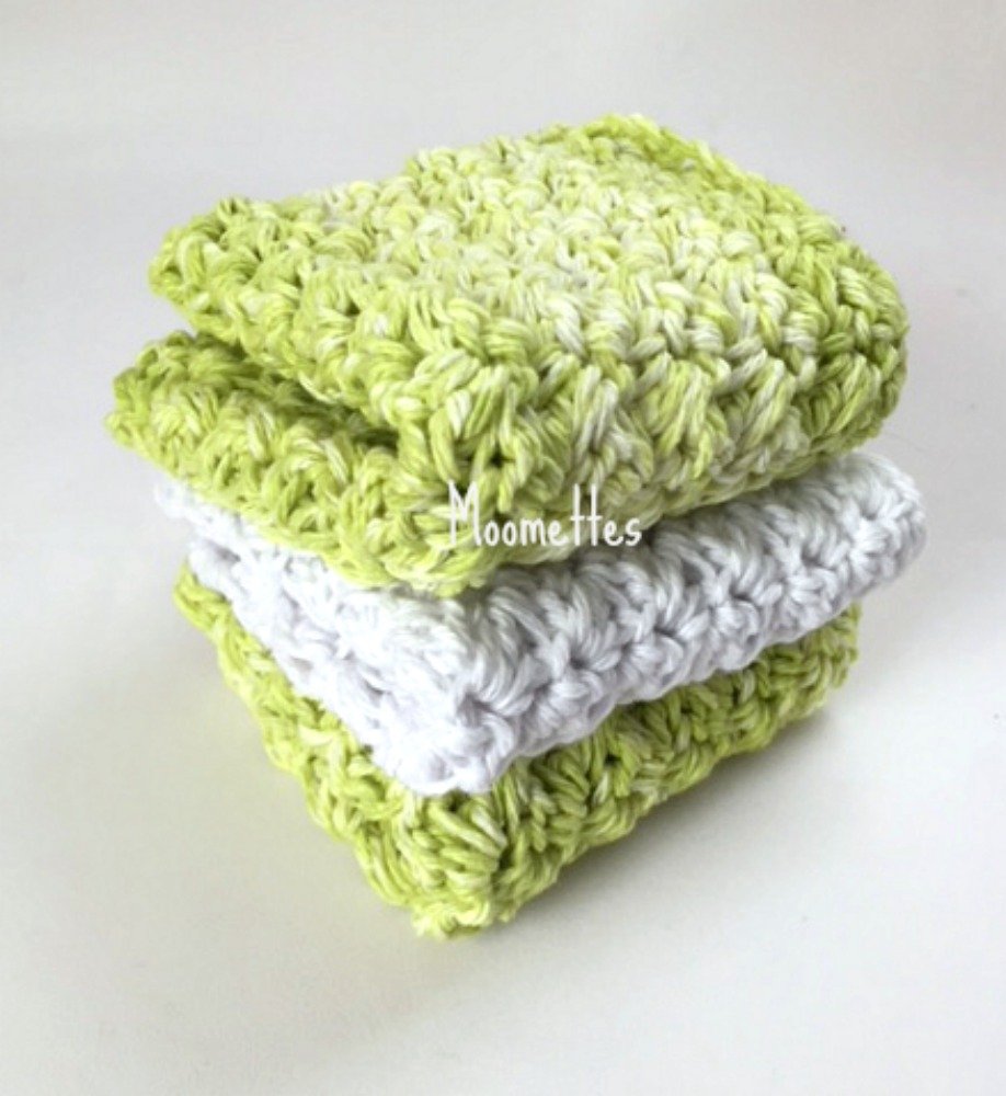 Set of 3 Handmade Kitchen Dish Cloths Lime Green White Cotton Dishcloths Wash Cloth Crochet