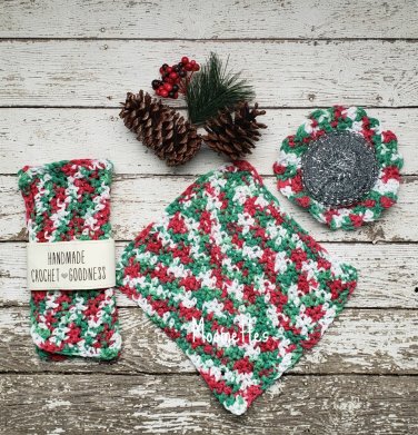 Crochet Christmas Dish Cloth Kitchen Set White Red Green Scrubbie Scrubby Cotton