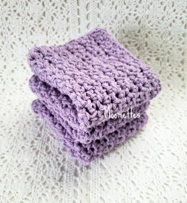 Set of 3 Handmade Crochet Kitchen Dish Cloths Lavender Lilac Purple Cotton Dishcloth