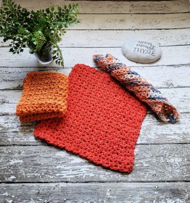Ginger Orange Dish Cloths Set of 3 Kitchen Cotton Gray Dishcloths Handmade in USA