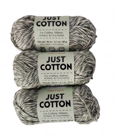 Sage Marl Cotton Yarn - Premier Yarns Just Cotton Green 2.1 oz. 104 Yds - Lot 3 Skeins New
