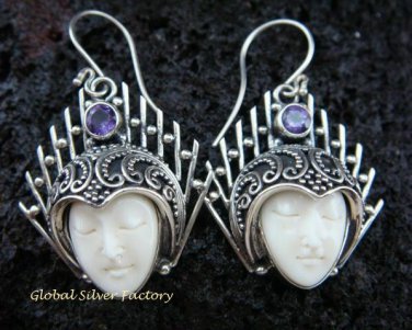 925 Silver Balinese Carved Bone Goddess Earrings GDE-183-PS