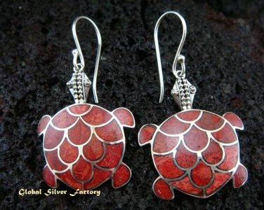 925 Silver Red Coral Turtle Earrings ER-446-NY