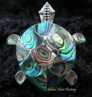 925 Silver Turtle Paua Shell Brooch Pendant BC-109-KA