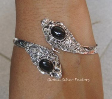 Silver Black Onyx Double Snake Head Bangle SBB-208-KA