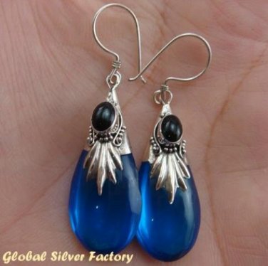 Silver Blue Shappire (syn) & Onyx Earrings SJ-192-KA