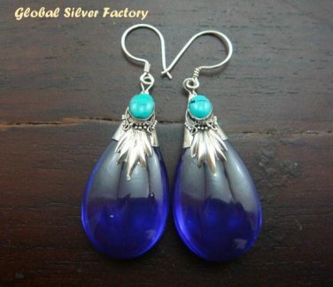 Silver & Synthetic Sapphire Teardrop Earrings SJ-183-KT