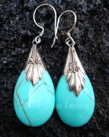 925 Silver Synthetic Turquoise Teardrop Earrings SJ-144-KA
