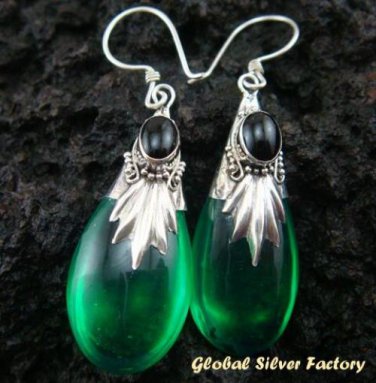 Silver Green Quartz (syn) & Onyx Earrings SJ-189-KA