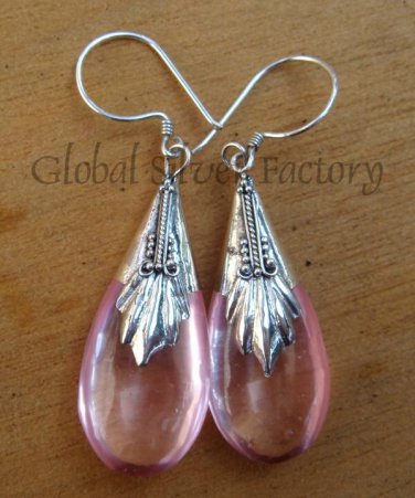 Silver & Synthetic Teardrop Rose Quartz Earrings SJ-109-KA