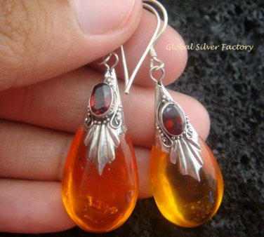 925 Silver Garnet & Synthetic Amber Teardrop Earrings SJ-100-KT