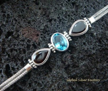 Sterling Silver Blue Topaz and Garnet Bracelet SBB-102-KT