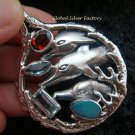 925 Silver Three Dolphins & Mixed Gems Pendant SP-413-KT