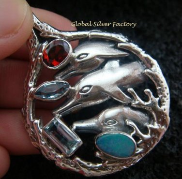925 Silver Three Dolphins & Mixed Gems Pendant SP-413-KT
