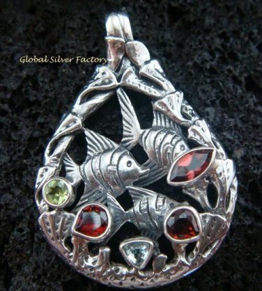 925 Silver Three Fish & Mixed Gems Pendant SP-420-KT