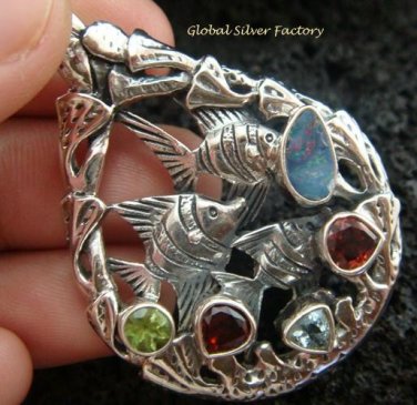 925 Silver Three Fish & Mixed Gems Pendant SP-419-KT