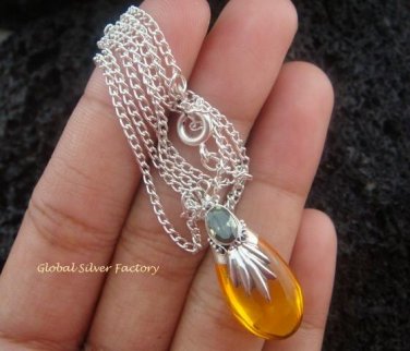 925 Silver Peridot Synthetic Amber Teardrop Pendant SJ-137-KA