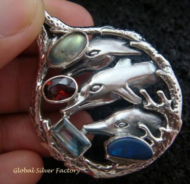 925 Silver Three Dolphins & Mixed Gems Pendant SP-414-KT