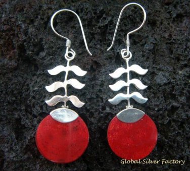 925 Silver Red Coral Leaf Design Earrings ER-503-KT