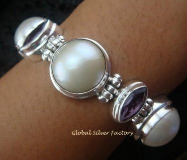 925 Silver 5 Pearls & 4 Amethyst Designer Bracelet SBB-316-KT