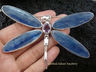 Large 925 Silver Kyanite & Amethyst Dragonfly Brooch Pendant BC-140-KT