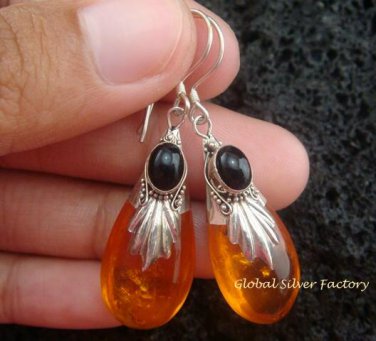 Silver & Synthetic Amber Earrings SJ-179-KT