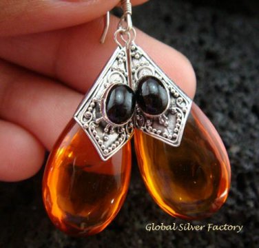 925 Silver Syntethic Amber & Black Onyx Earrings SJ-218-KT