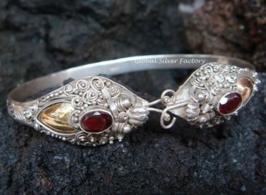 Sterling Silver Two Head Cobra Snake Bangle W Garnet SBB-219-PS