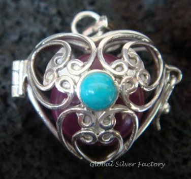 Silver Turquoise Heart Harmony Ball Pendant HB-232d-KT