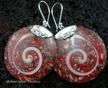 Sterling Silver  Round Red Shell Earrings ER-540-KT