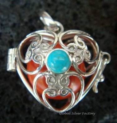 Silver Turquoise Heart Harmony Ball Pendant HB-232b-KT