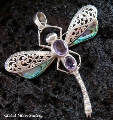 925 Silver Amethyst & Paua Dragonfly Pendant Brooch BC-164-KT