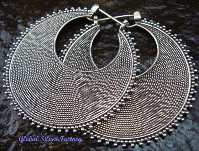 Hand Crafted 925 Silver Mess Balinese Disc Hoop Earrings SE-172-PS
