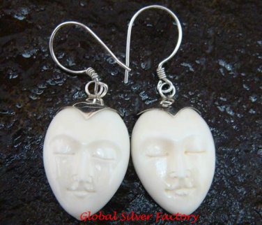 Sterling Silver Hand Carved Cow Bone Oval Moon Face  Earrings - GDE-1155-KA
