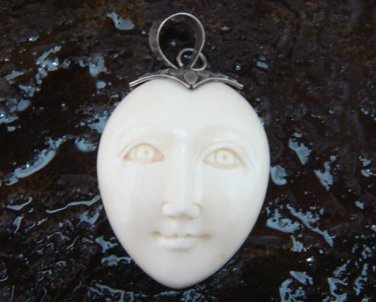 Hand Made Sterling Silver Moon Face Carved Bone Pendant GDP-1152-KA