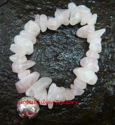 925 Silver Dream Ball & Genuine Rose Quartz Bead Stretch Bracelet CH-336-GSF
