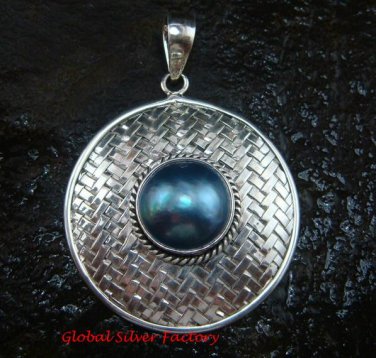 Large 925 Silver Bamboo/ Braided Design Pendant Blue Pearl SP-640-KT