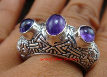 Sterling Silver Three Amethyst Cabochon Gemstone Ring RI-378-PS