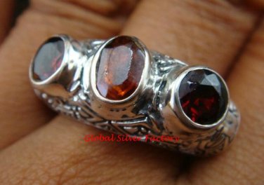 Sterling Silver Three Garnet Gemstone Ring RI-379-PS