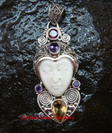 Unique Sterling Silver Bali Traditional Face Pendant w Mixed Gem GDP-1145-PS