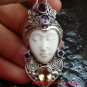 Unique Sterling Silver Bali Traditional Face Pendant w Mixed Gem GDP-1145-PS