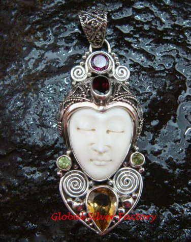 Unique Sterling Silver Bali Traditional Face Pendant w Mixed Gem GDP-1146-PS