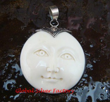 Hand Made Sterling Silver Moon Face Carved Bone Pendant GDP-1150-KA
