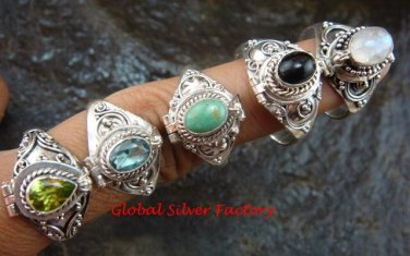 5x Mixed Design Wholesale Silver Style Bali Keepsake / Poison Rings - Various Stones  SSB-339-GSF