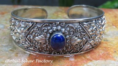 Large Sterling Silver & Lapis Lazuli Bali Hammered Cuff Bangle SBB-447-KA