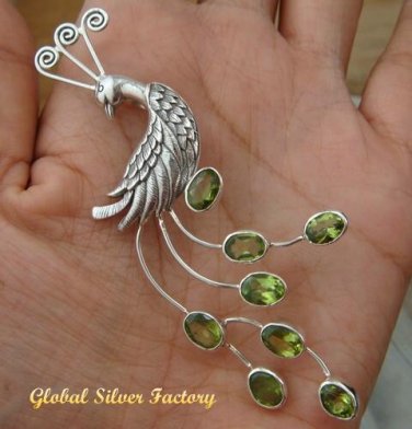 Silver Peacock & Peridot Brooch BC-127-KT