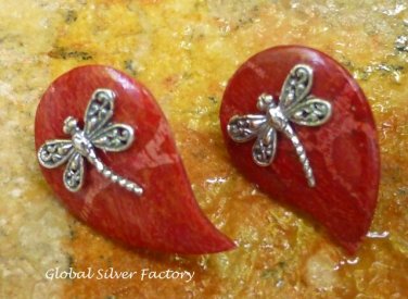 Red Coral Dragonfly Earrings in Sterling Silver ER-785-KT
