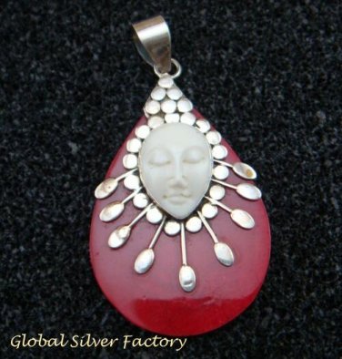 925 Sterling Silver Moon Face & Coral Pendant GDP-1182-KT