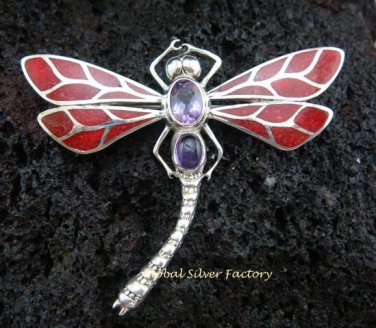 925 Silver Amethyst & Red Coral Dragonfly Pendant BC-133-KT
